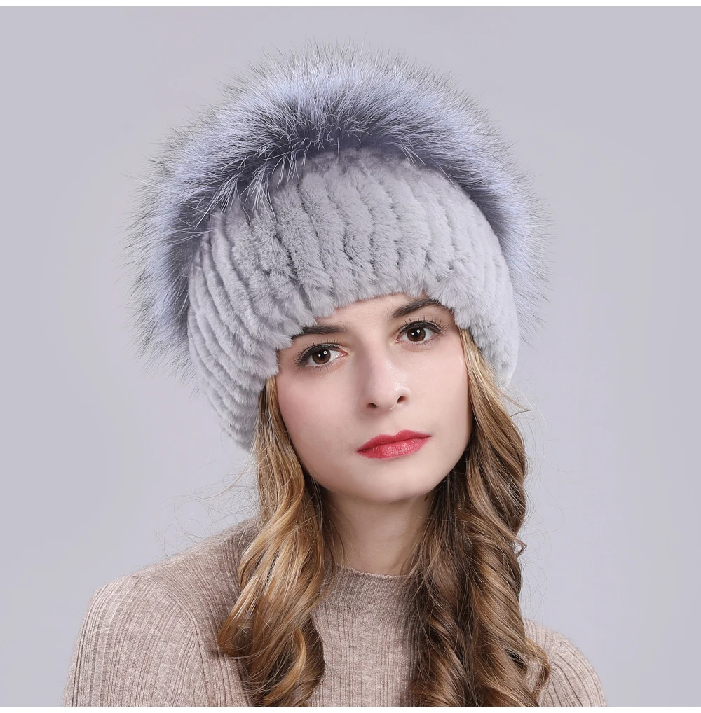 Outdoor Women Warm Soft Genuine Rex Rabbit Fur Hat Knitted Natural Real Sliver Fox Fur Caps Winter Real Rabbit Fur Beanies Hats