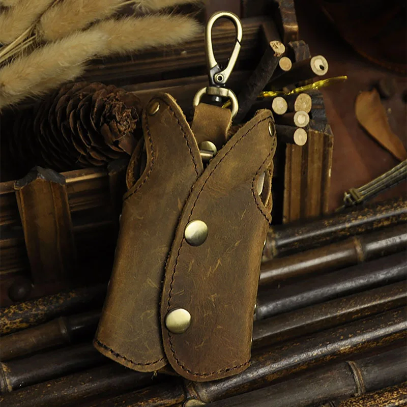Чехол для ключей Crazy Horse из натуральной воловьей кожи, сумки для ключей, высокое качество, брелок для ключей, держатель, чехол для ключей для женщин и мужчин, винтажные сумки для ключей от автомобиля - Цвет: Brown