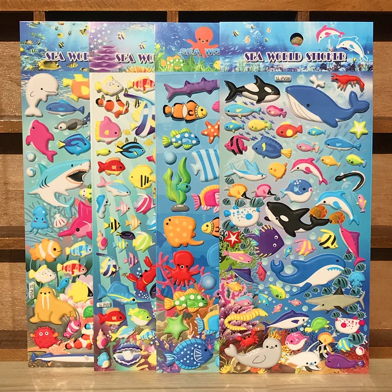 

4 sheets Hot 3d Cartoon PVC Puffy Big Bubble Stickers Children Ocean Fish Candy Animal Toy Kids Girl School Teacher Rewards