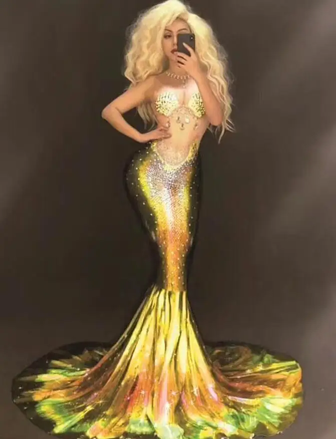 

Shining 4 Colors Sexy Costume Fish Tail Dress Evening Sleeveless Crystals Long Dresses Celebrate Stage Dance Show Dress YOUDU
