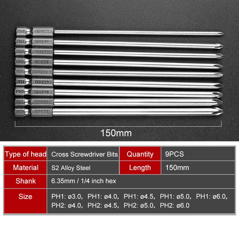 

9pcs 150mm Magnetic Cross Philips Screwdriver Bit Set 1/4 inch 6.35mm Shank S2 alloy steel Long Hex Screwdriver Screw