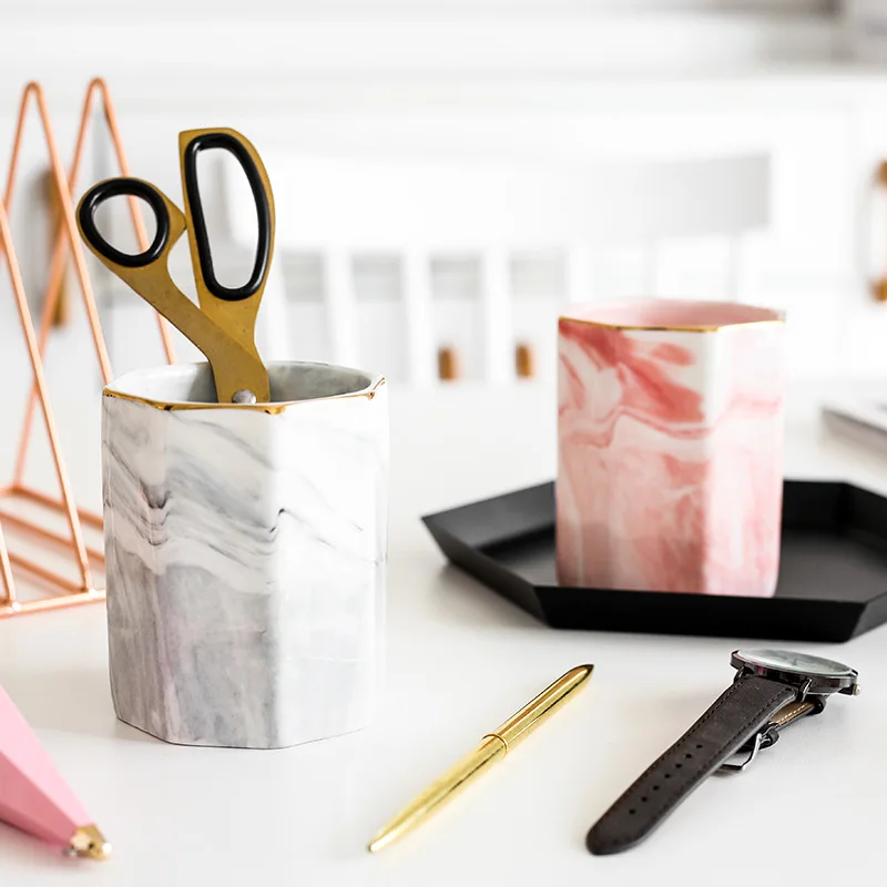 

Modern Europe Marble Makeup Brush Storage Cosmetics Porcelain Boxes Home Decor Ceramic Prismatic Shape Brush Pot Drop Shipping
