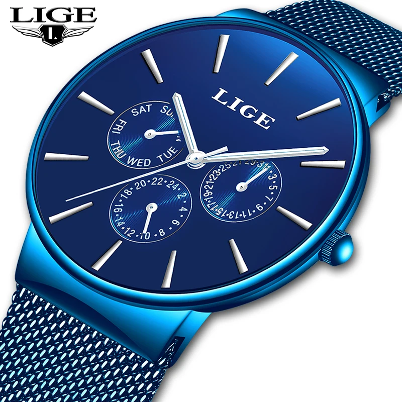 

New LIGE Mens Watches Top Brand Luxury Ultra-Thin Waterproof Quartz Watch Mens Fashion Mesh Steel Sport Watch Relogio Masculino