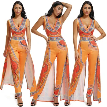 

Sleeveless deep v neck New fashion African print women outfit suits big promotion ruffles pants jumpsuit romper party overalls
