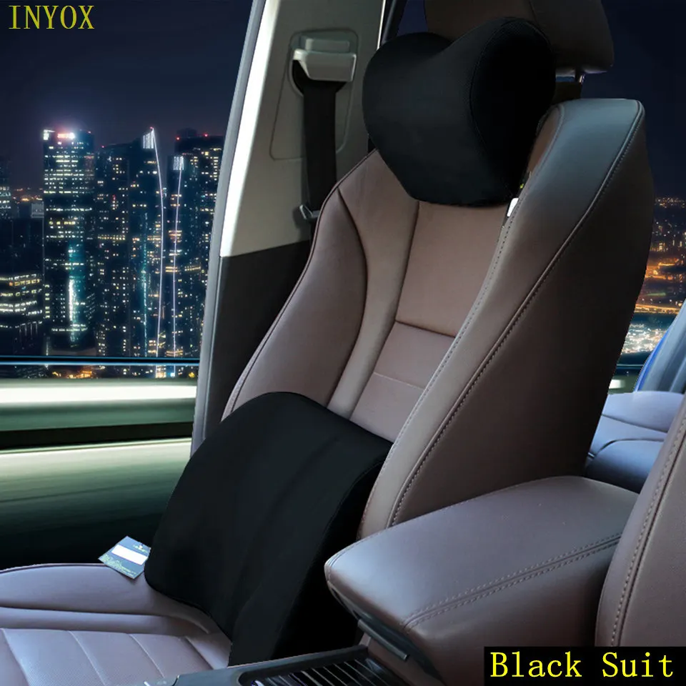 Автомобильная подушка для шеи, поддержка спины, подголовник сиденья, пенопласт памяти, хлопок, чехол для стула, для офиса, авто, путешествия, сетчатая ткань, поясничная подушка для автомобиля - Цвет: C1 plus A1 (Black)