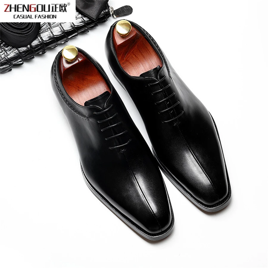 

zhengou Spring Genuine Cow Leather Brogue Business Wedding Casual Flat Vintage Handmade Oxford For Men Black Brown Shoes