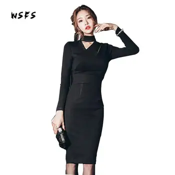 

Wsfs Autumn Womens Black Pencil Dresses Office Long Sleeve Stand Bandage Bodycon Sexy Party Midi Dress Vestidos Be Festa Mujer