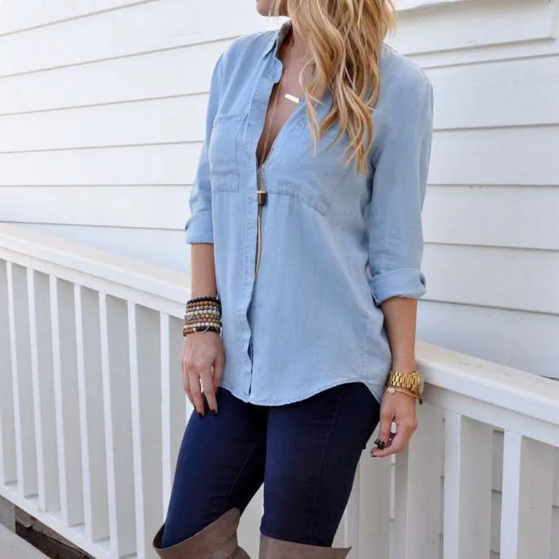

Jeans Wear New Women Blouses Plus Size Solid Long Sleeve Casual Style Blue Ladies Clothing 2018 Fashion Blusas Mujer De Moda //