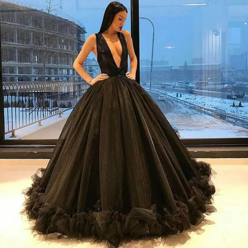 

Black Sexy Deep V-Neck Chic Ruffles Bottom Ball Gown Women Elegant Sequined Tulle Long Evening Party Dresses Custom Prom Gown