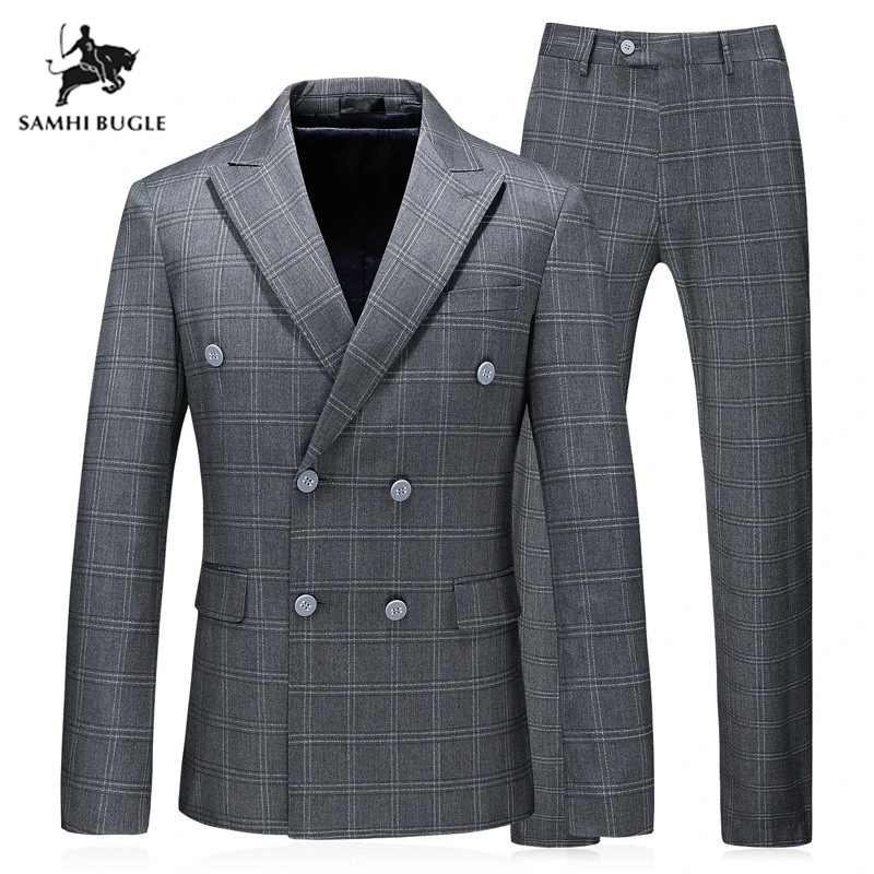 

British Brand Men Clothes 2019 Grey Men Suit Lattice Wedding Suits for Men Two Double Breasted Slim Fit Suit Plus Size 5XL 4XL