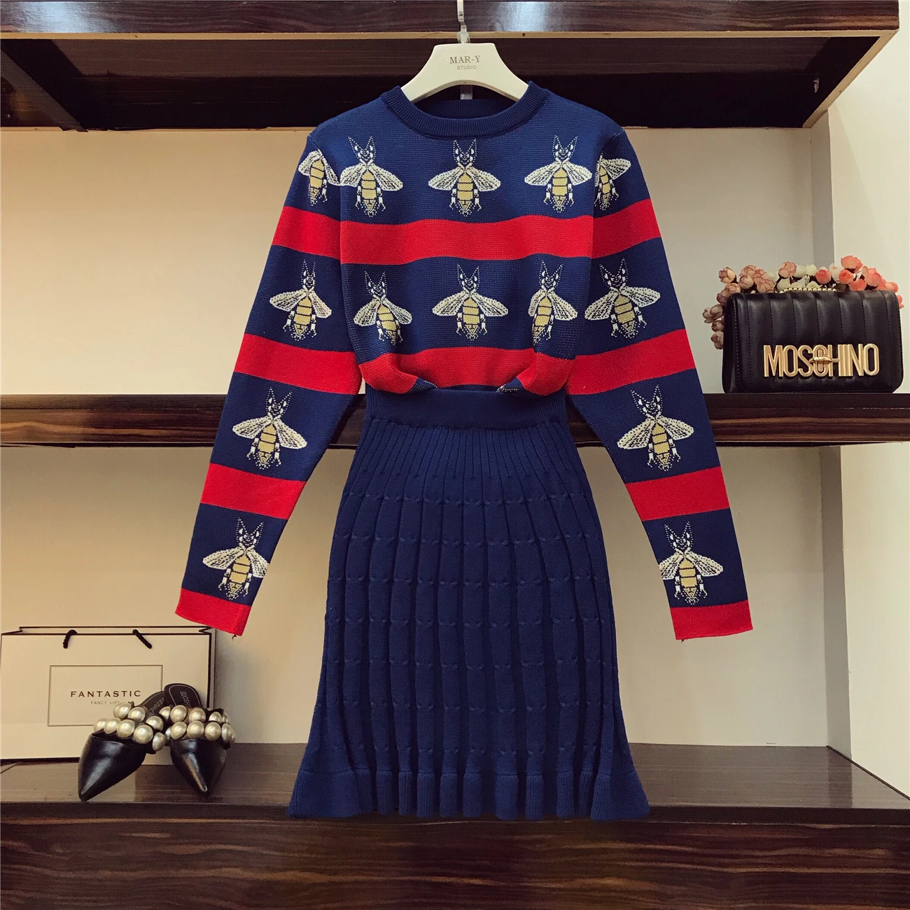 Женский трикотажный костюм ALPHALMODA в полоску цветной свитер и юбка винтажный на
