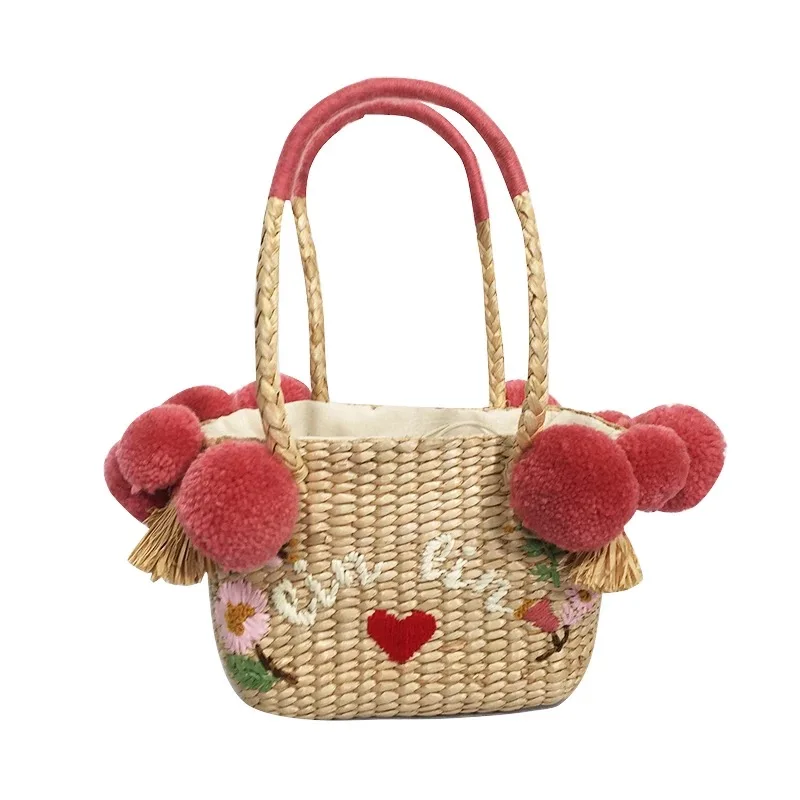 

2019 Vacation Embroidered with Glass Beach Women's Hand Bag Straw with Tassel and Ball