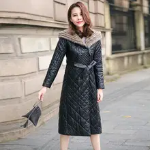 Plus Size 5XL Faux Leather Down Cotton Winter Jacket Women fur Hooded Long PU Leather Parkas Coats Overcoat a579