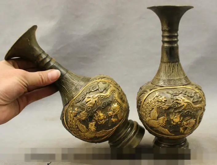 

S1396 9" Folk Chinese Bronze Copper Gilt JiXiang Dragon Phoenix Statue Pot Vase Pair