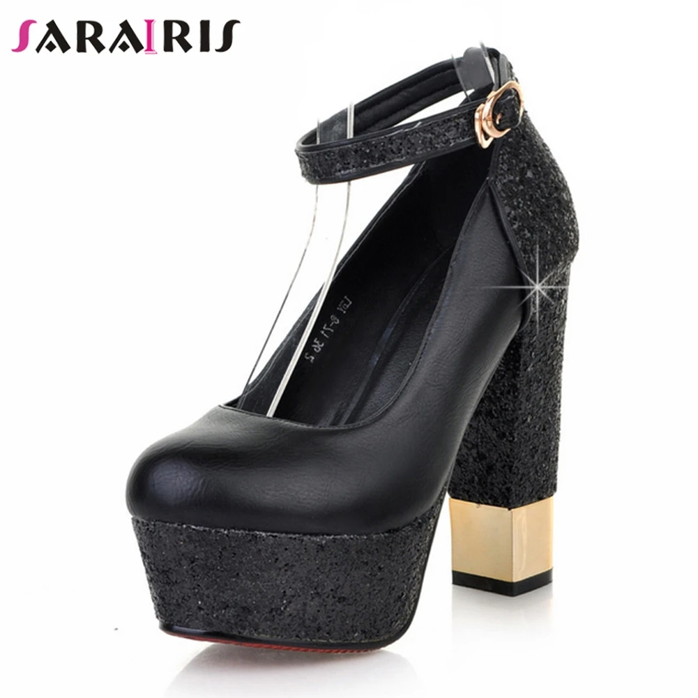 

SARAIRIS 2019 New Ankle Strap Solid Square High Heels Crystal Platform Shoes Woman Casual Party Wedding Pumps Big Size 32-43