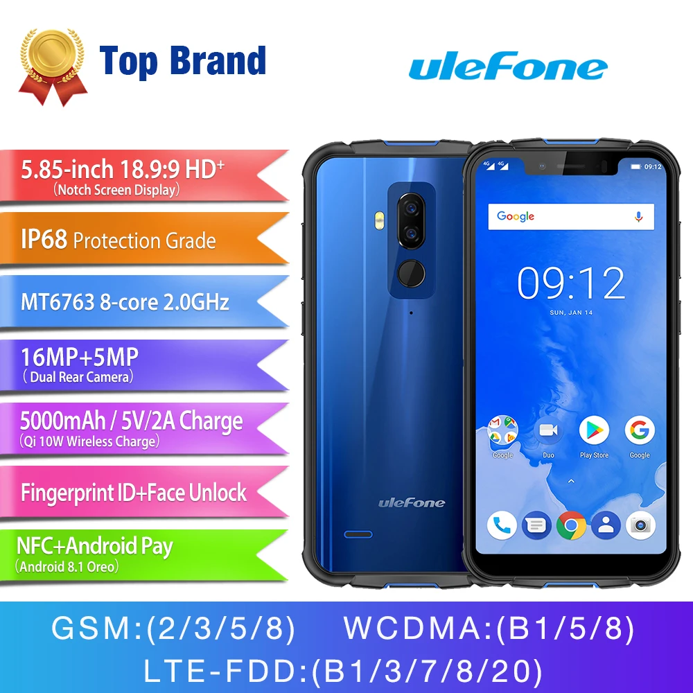 Ulefone Armor 5 IP68 Waterproof 4GB+64GB Cellphone Android 8.1 5.85'' Octa Core NFC Face ID Wireless Charge Dual SIM Smartphone Ulefone Armor 5 IP68 Waterproof 4GB+64GB Cellphone Android 8.1 5.85'' Octa Core NFC Face ID Wireless Charge Dual SIM Smartphone