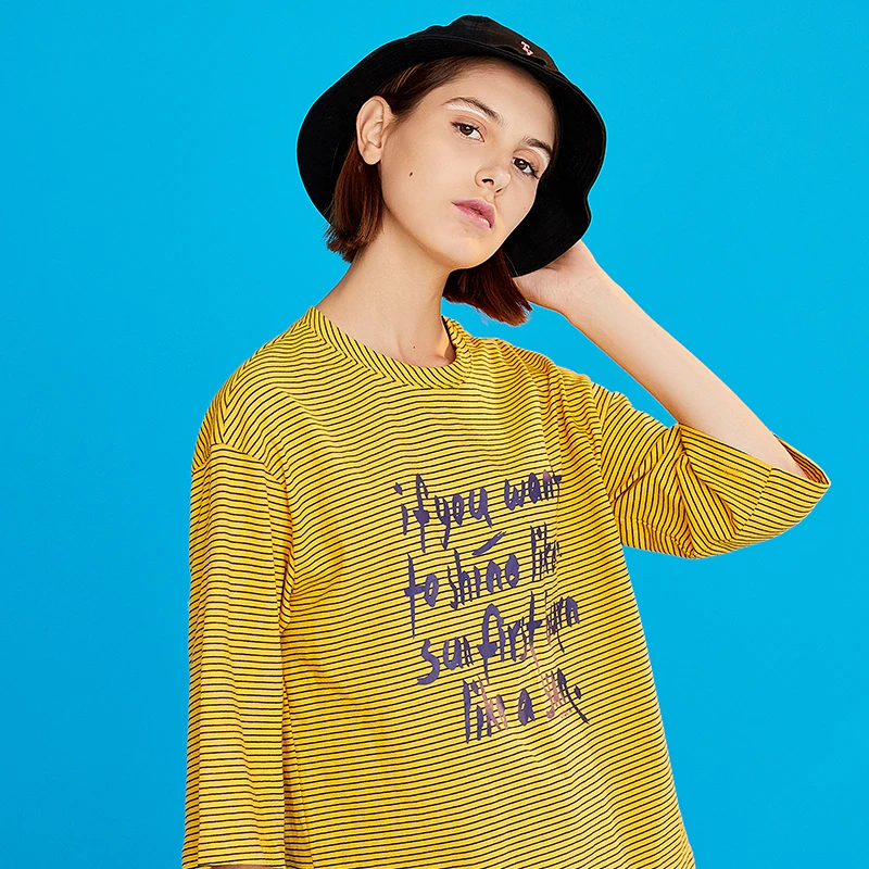 Toyouth полосатая женская летняя футболка с буквенным принтом модная Свободная рубашка с круглым вырезом Женская рубашка оверсайз с рукавом три четверти