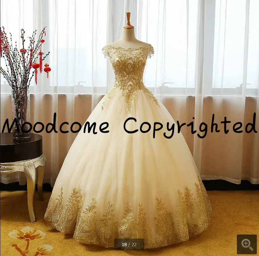 

Ball gown champagne cheap wedding dress gold lace sexy off the shoulder sleeves puffy wedding gowns 2017 princess bride gowns