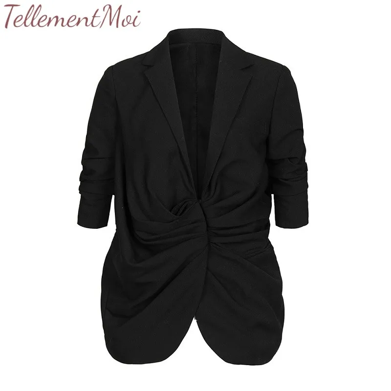 Blazer for Womens Solid 3/4 Ruched Sleeve Open Front Draped V Neck Lapel Work Office Blazer Jacket Lady Casual Slim Pleated Suit