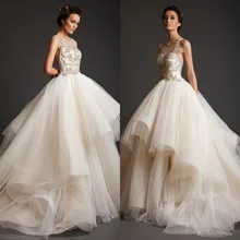 Big Ball Gown Wedding Dresses 2016 See Through Gold Lace Appliques Beaded Layering Draped Hi-lo Bridal Gowns