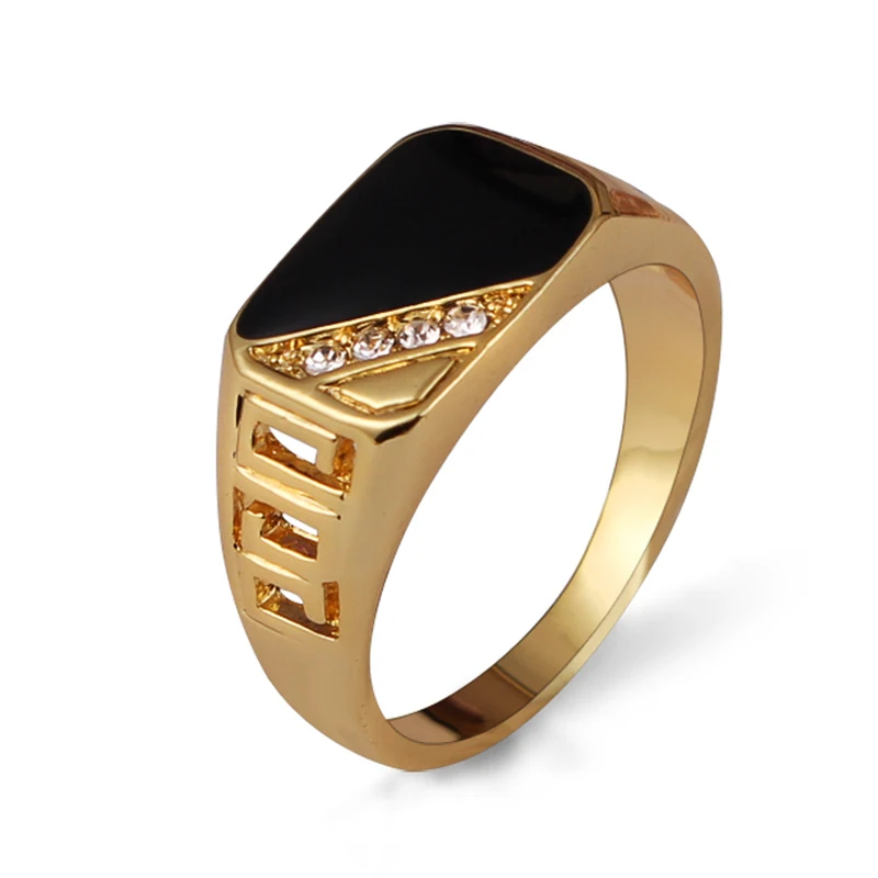 Ajojewel, Размер 7-12, классические Стразы золотого цвета, мужское черное кольцо из эмали, мужские кольца на палец - Цвет основного камня: Golden A