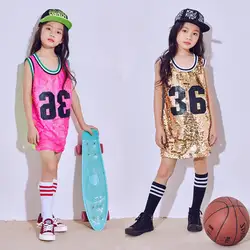 Новая детская одежда в стиле «хип-хоп» танцевальные костюмы для девочек Современный Джаз Танец блестки флуоресцентный жилет Дети этап