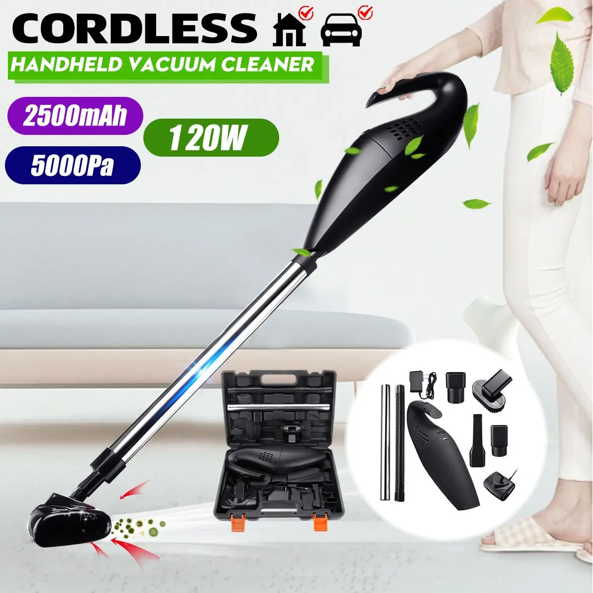 

120W Handheld Car Wireless Vacuum Cleaner With High Power Dual Purpose Wet & Dry Portable Rechargeable Home Cleaning Tool