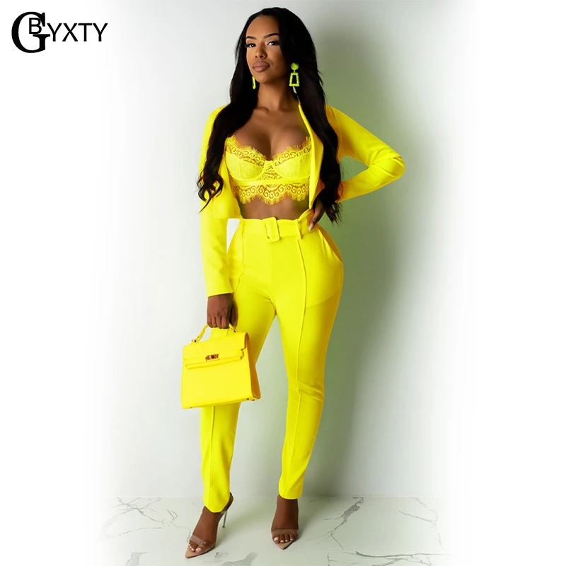 

GBYXTY Neon Two Piece Pants Set Ladies Office Suit 2019 Autumn Women Long Sleeve Crop Blazer and Pants 2 Piece Set Outfit ZL370