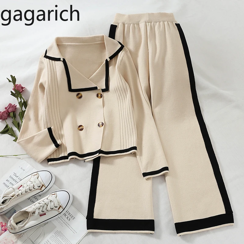 Gagarich Women Two Piece Set Korean New Double-breasted Short Knitted Cardigans Wide Legs Loose Casual Pants Female Suit