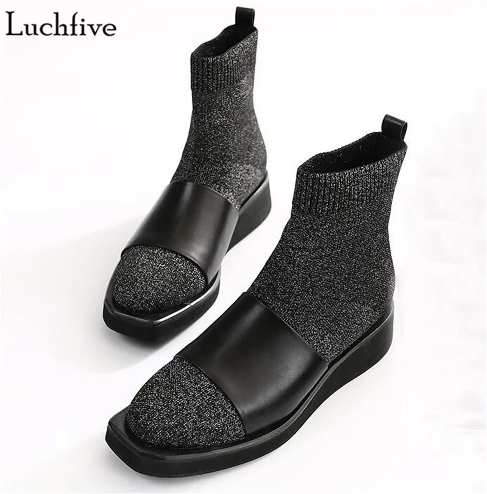 

2017 Street snap Ankle Boots for women Fall winter Short Booties platform wedge heel stretch Wool knitted shoes boots women