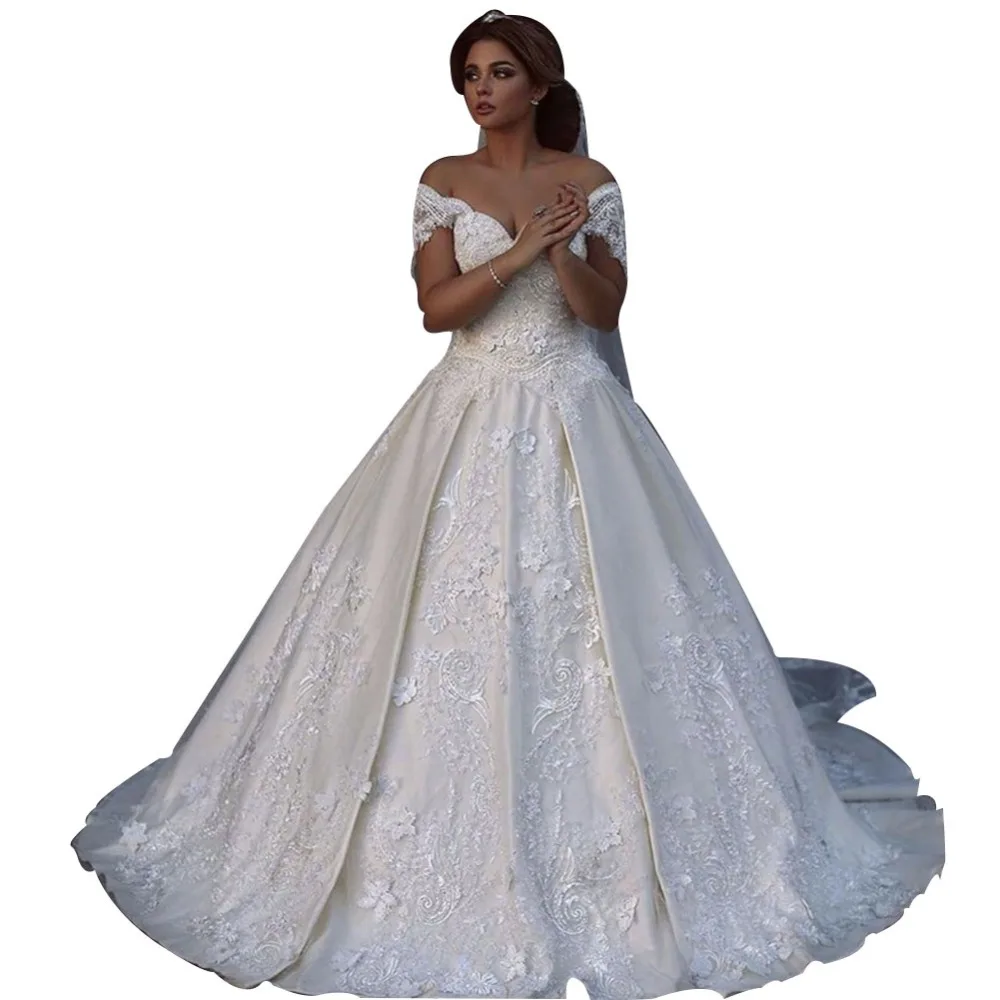 ZYLLGF Люкс Бальное платье V Шеи Trajes Де Novias 2017 Nuevos Развертки Поезд С Плеча Robe De Mariée