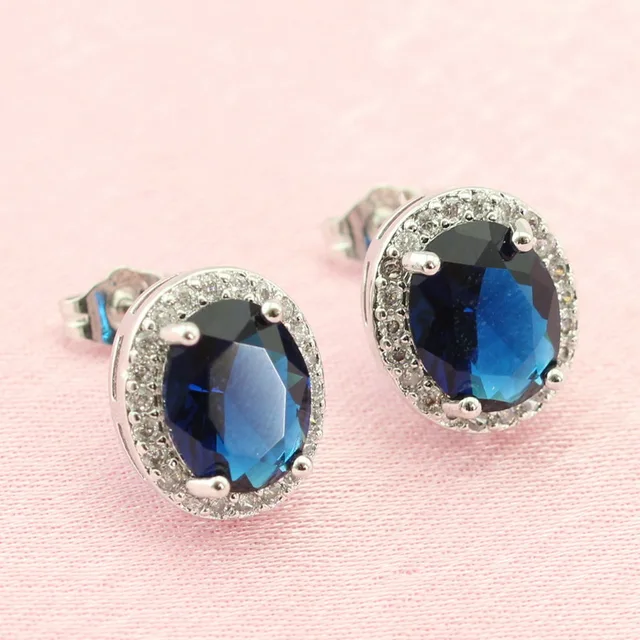 Round Dark Blue Stones Light Blue CZ Jewelry Silver Color Stud Earring
