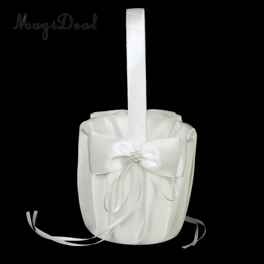 MagiDeal Hot Sale Wedding Ceremony Ivory Satin Crystal Ring Bearer Pillow+Flower Girl Basket Supplies for Engagement Party Favor