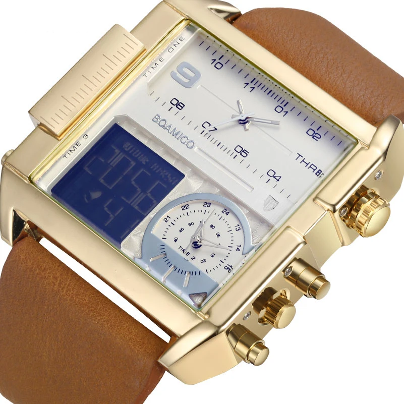 Sports watch Big Dial Casual fashion waterproof Unique Design Square Men Wristwatch Wide Leather Strap Electronics  Male Watches
