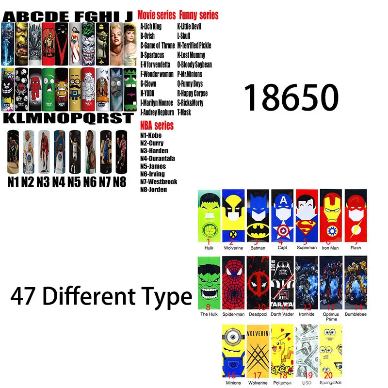 

10/20/30PCS 18650 20700 21700 Battery Wrapper Super Hero Battery Skin Sticker For E Cig Battery E-Cig Spider Man Captain America