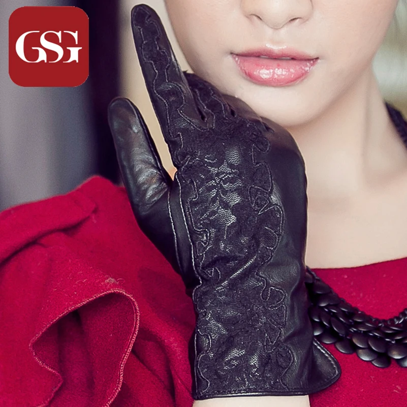 

GSG female black short sexy leather screen touch glove with lace for women winter warm W11034