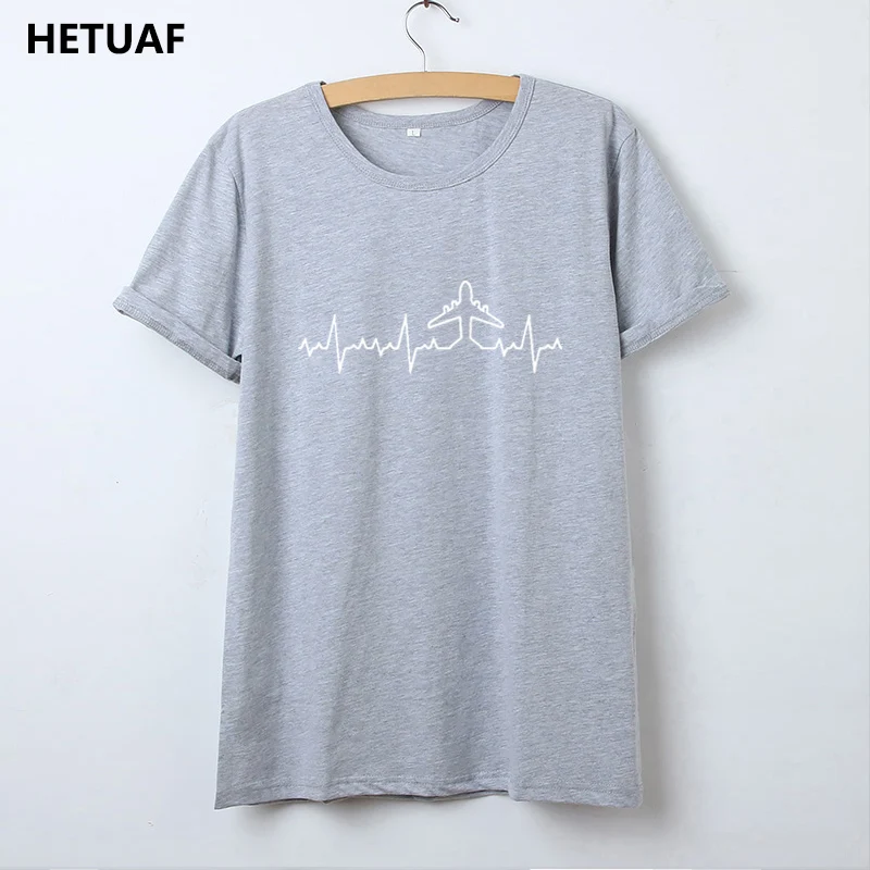 HETUAF Heartbeat Plane Pilot Футболка женская футболка с графическим круглым вырезом и принтом женская хлопковая Tumblr женская футболка Топ Camisetas Mujer - Цвет: gray
