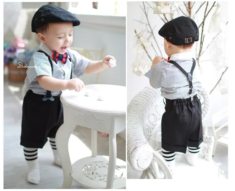 Boy`s fashion short sleeved shirt with tie + Strap shorts sets children