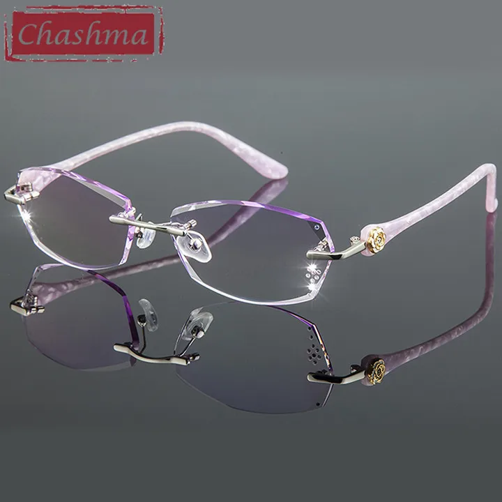 Chashma титановые Модные женские очки для глаз, алмазная оправа без оправы для очков, Женские оправы для очков, цветные линзы - Цвет оправы: Purple