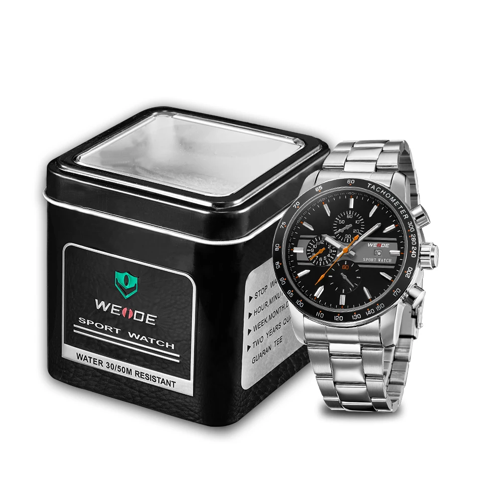 WEIDE Japan Quartz 30 Meters Resistant Men Full Steel Auto Date Fashion Military Men Sports Watch Relogio Masculino Alarm Clock