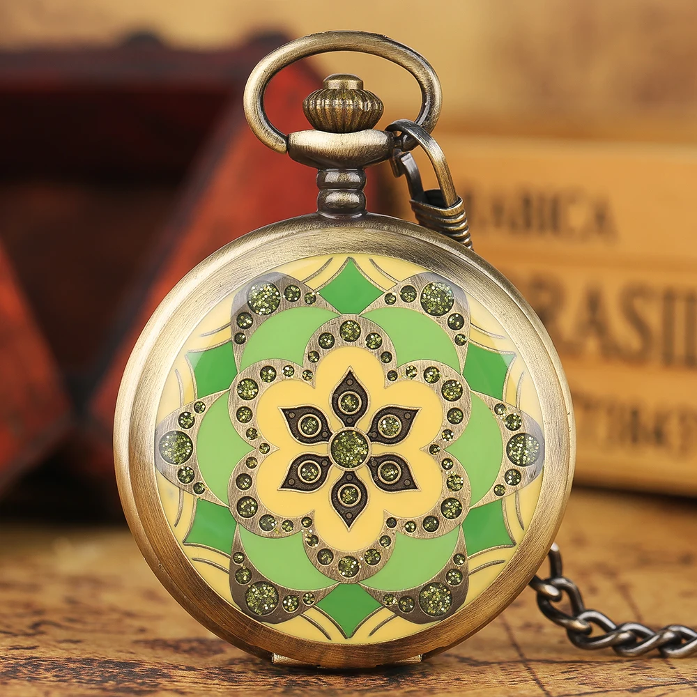 Изысканный зеленый Пластик цветы кулон карманные часы мужские руки подзаводом Часы с костями Ретро Бронзовый Циферблат часы подарок