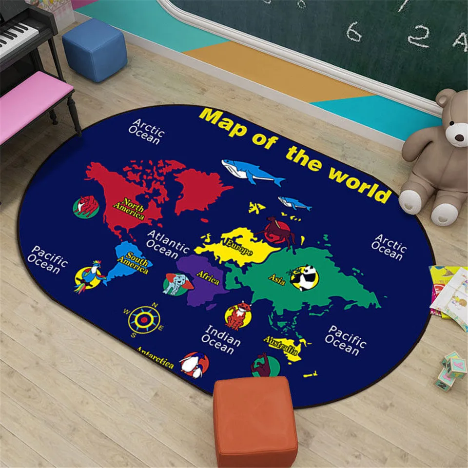 Детский игровой коврик, овальный синий ковер с цифрами из мультфильмов, детская комната, карта мира, ковры и ковры для дома, гостиной