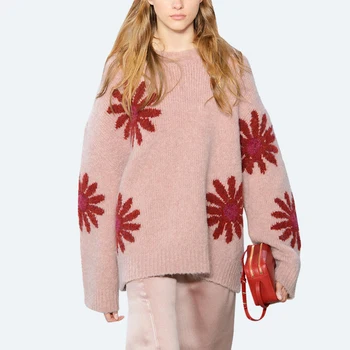 

HAMALIEL Runway Designer Women Loose Pullovers Autumn Winter Floral Print Thicken Pink Knitted Female Warm Lasy Sweater Tops
