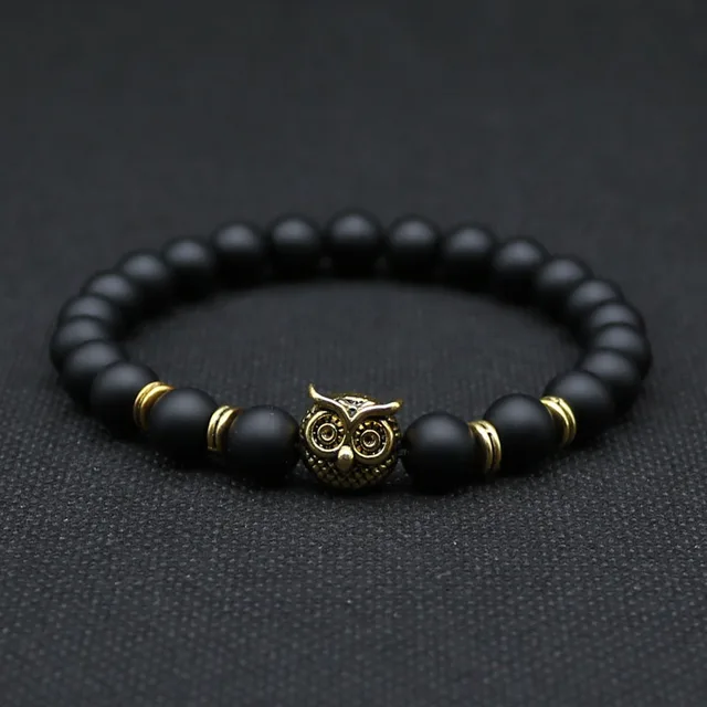 8mm Silver Plated Animal Owl Head Bracelet With Natural Black Lava 8mm Silver Plated Animal Owl Head Bracelet With Natural Black Lava Rock Stone Energy Men Beaded