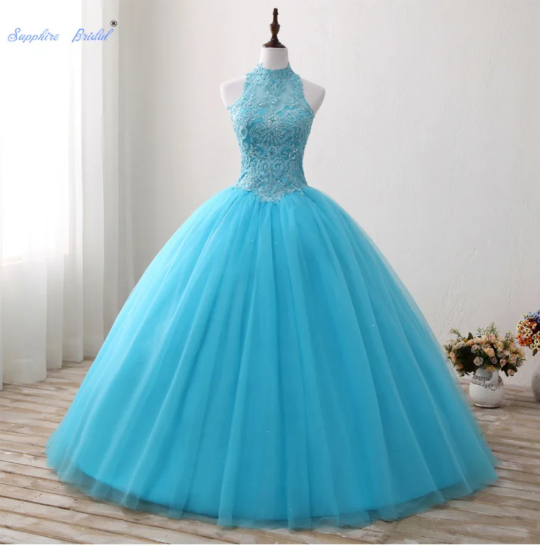 Sapphire Bridal Halter Turquoise Applique Lace Beading Ball Gown Sweet 16 Dress Cut-out Quinceanera Vestidos | Свадьбы и торжества
