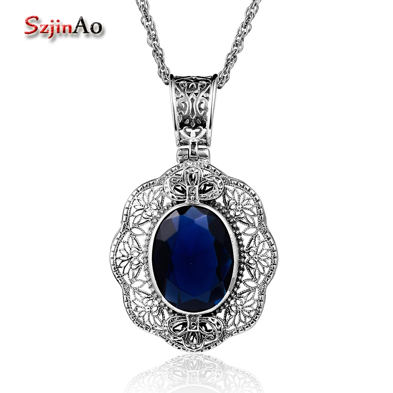 

Szjinao New Lace Flower Shape 925 Sterling Silver Gift for Men/Women Necklaces & Pendants Sapphire viking Fine Jewelry colar
