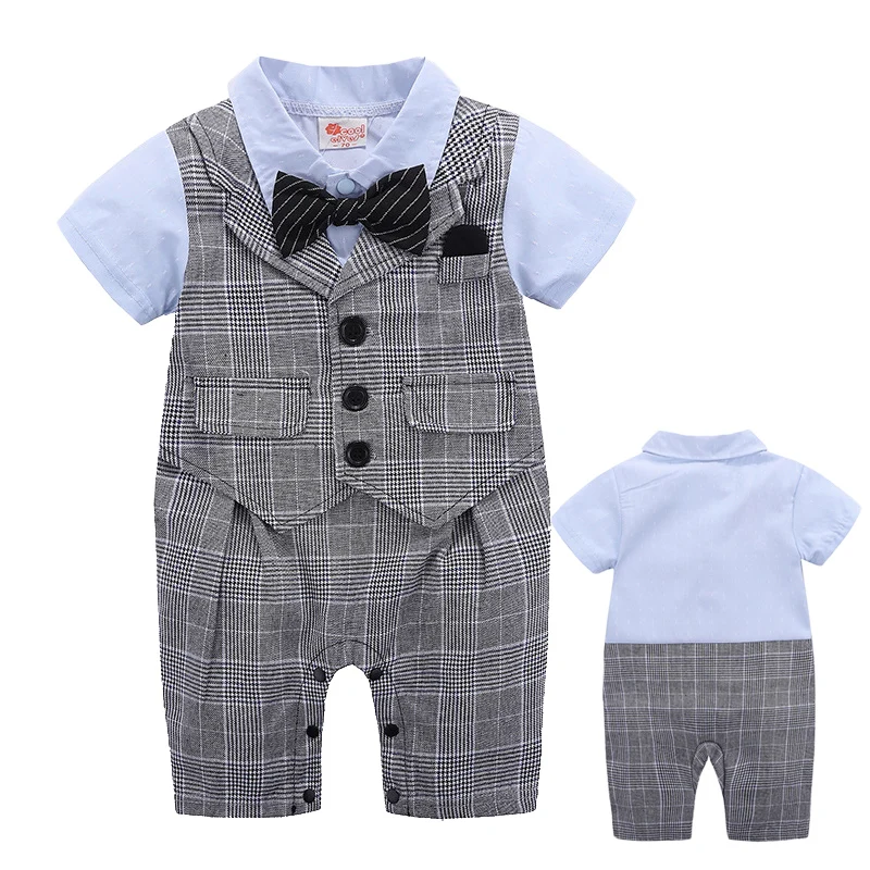 Одежда для маленьких мальчиков одежда для малышей младенцев короткий рукав джентльменский комбинезон дизайн в клетку с бантом костюм к ужину подносителя колец одежда