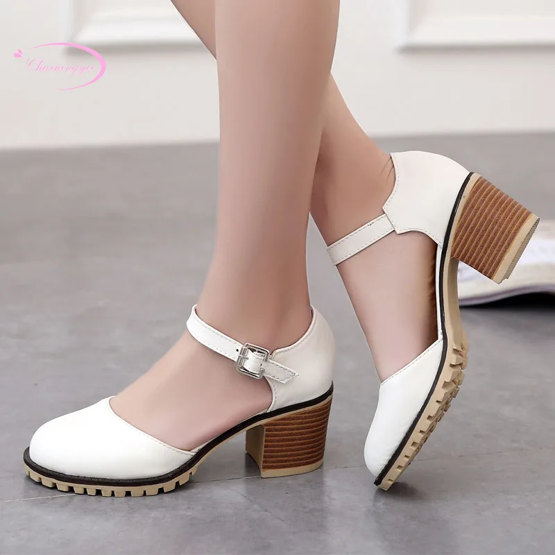 

Chainingyee casual style comfortable round toe summer sandals belt buckle black white pink waterproof high heels women's shoes