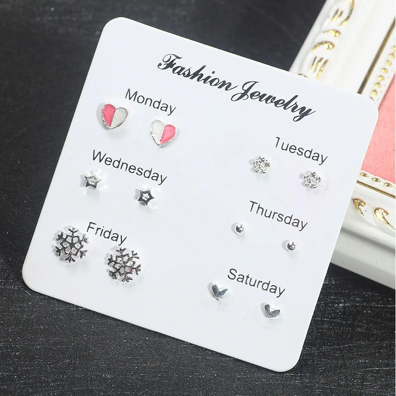 

6pcs/1set Silver needle stud earrings one week replace color-preserving cute ear nails simple set small fresh earrings for women