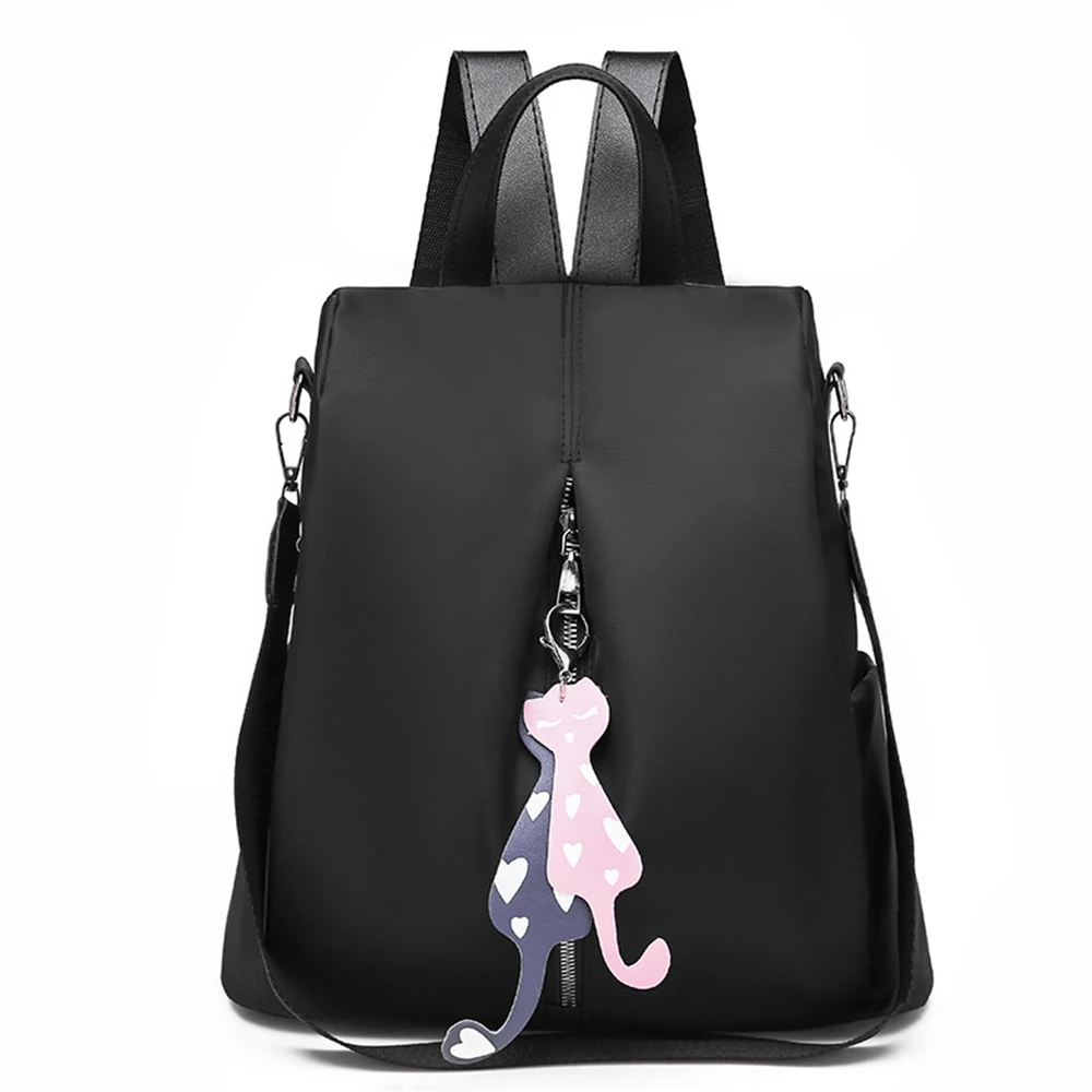 

Black Women Backpack Cat Pendent Oxford Waterproof School Bags For Teenage Girls Casual Large Capacity Travel Rucksack 2019